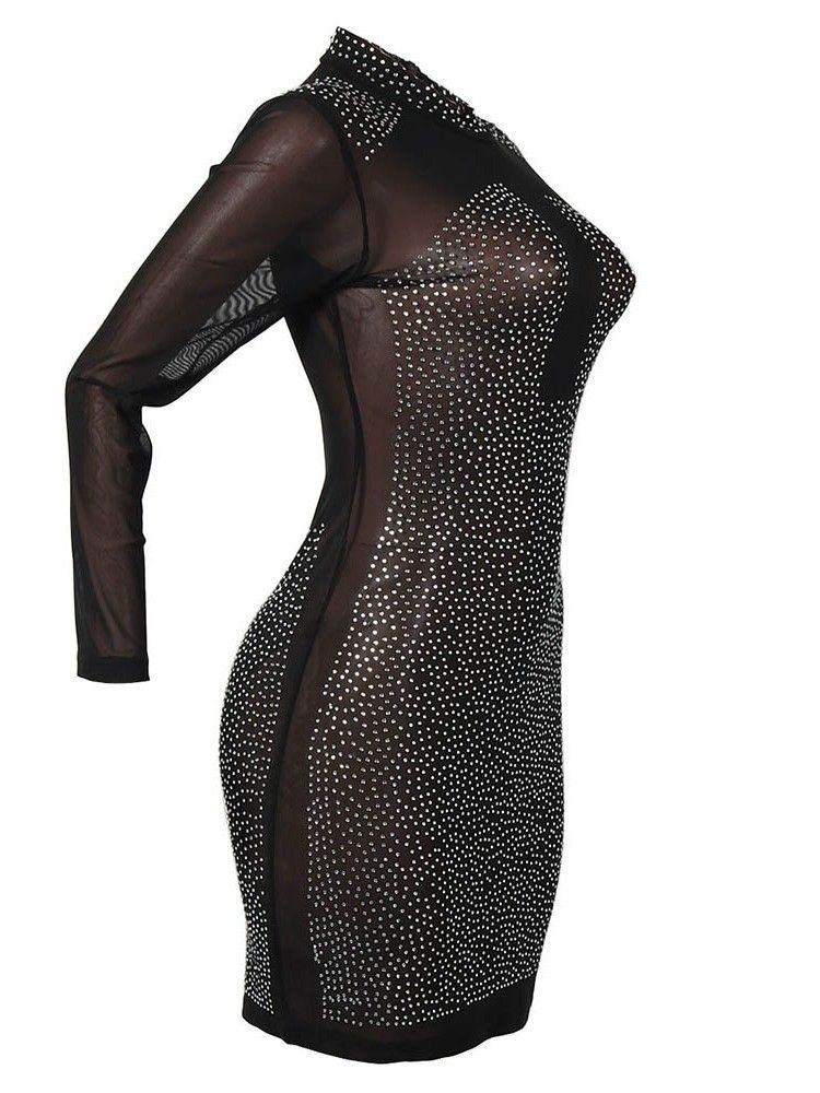 Vestido Feminino De Nove Pontos Com Manga Transparente Acima Do Joelho Bodycon