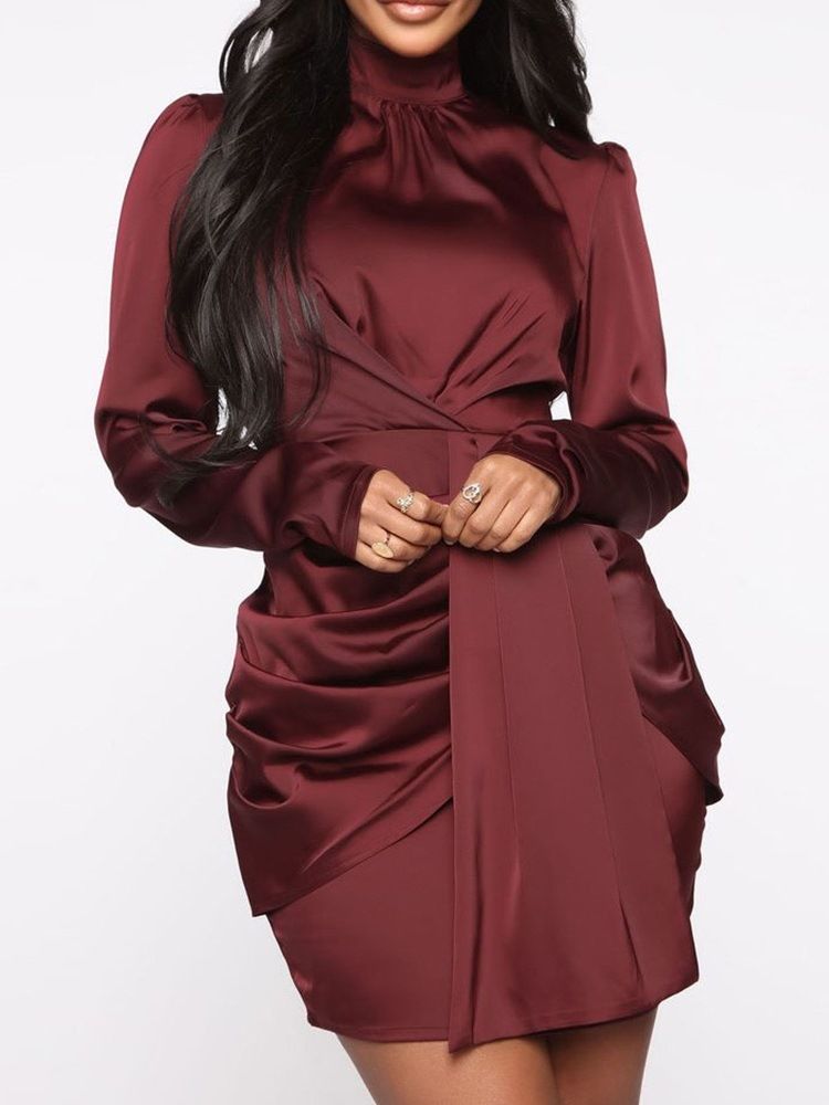 Vestido Feminino Plissado Com Gola Alta Acima Do Joelho Burgundy Bodycon