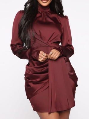 Vestido Feminino Plissado Com Gola Alta Acima Do Joelho Burgundy Bodycon