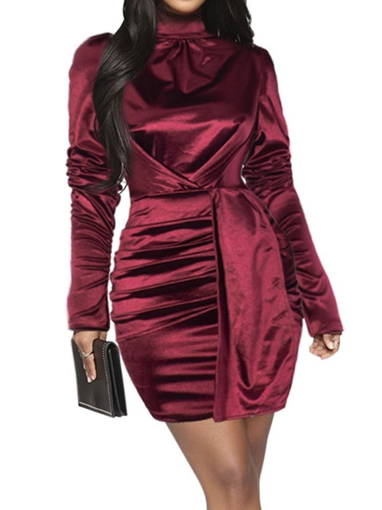 Vestido Feminino Plissado Com Gola Alta Acima Do Joelho Burgundy Bodycon