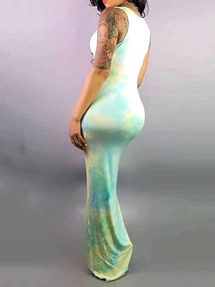 Vestido Feminino Sem Mangas Com Decote Redondo Até O Chão Bodycon Tie-dye