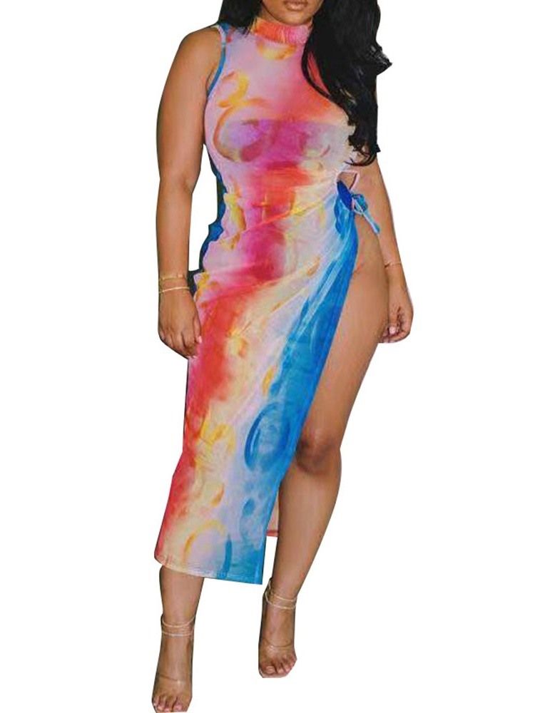 Vestido Feminino Sem Mangas Sem Mangas Dividido Em Gradiente Pulôver Bodycon