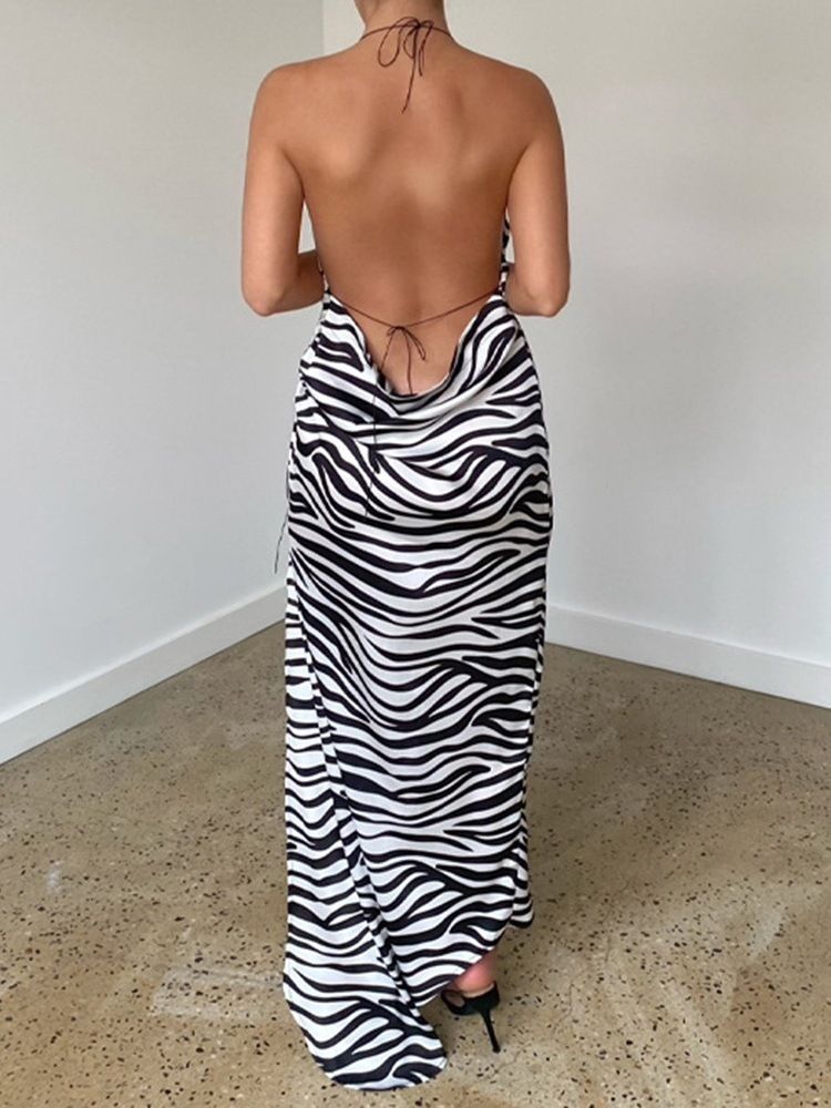 Vestido Feminino Sem Mangas Sem Encosto Até O Chão Assimétrico Listrada De Zebra