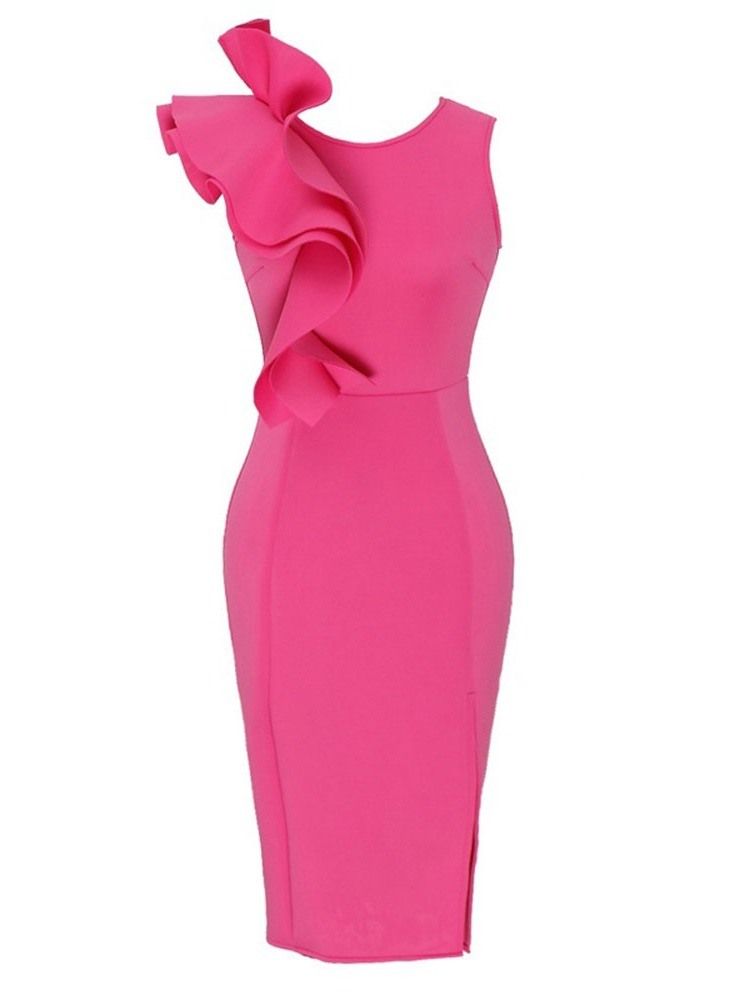 Vestido Feminino Sem Mangas Falbala Meia Panturrilha Bodycon Liso