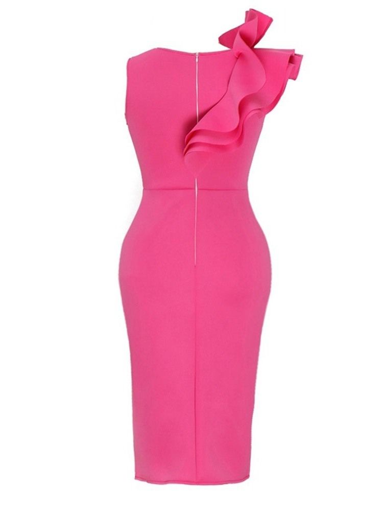 Vestido Feminino Sem Mangas Falbala Meia Panturrilha Bodycon Liso