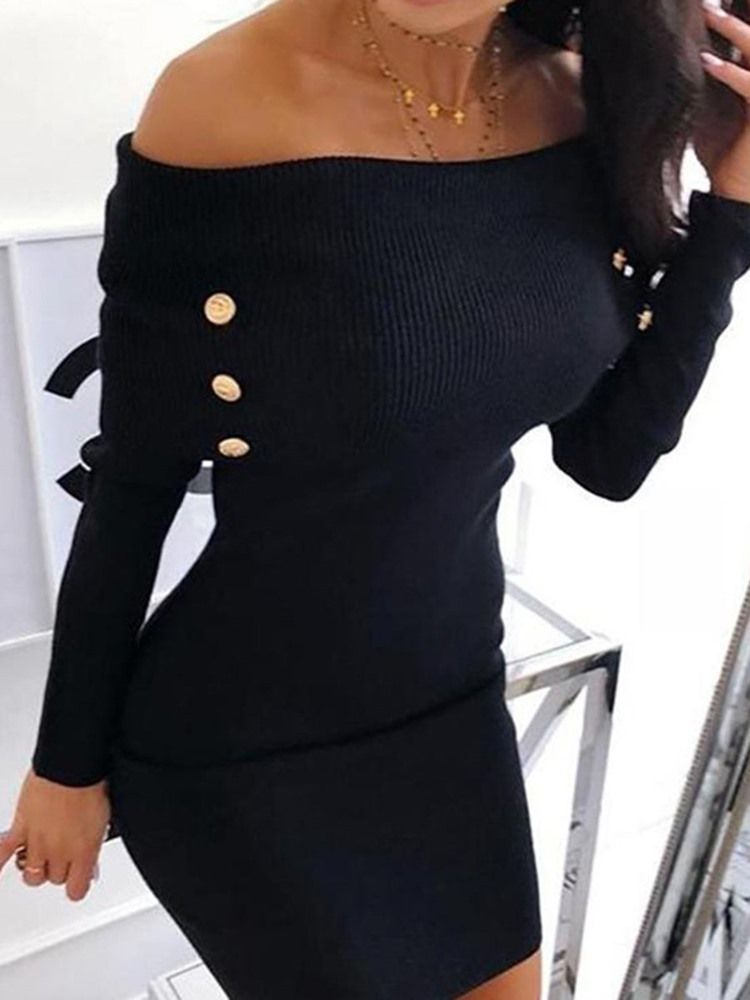 Vestido Feminino Sem Ombro Manga Comprida Com Botão Casual Cintura Média