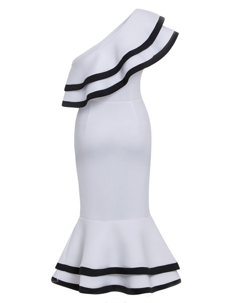 Vestido Feminino Sereia Assimétrico Com Babado