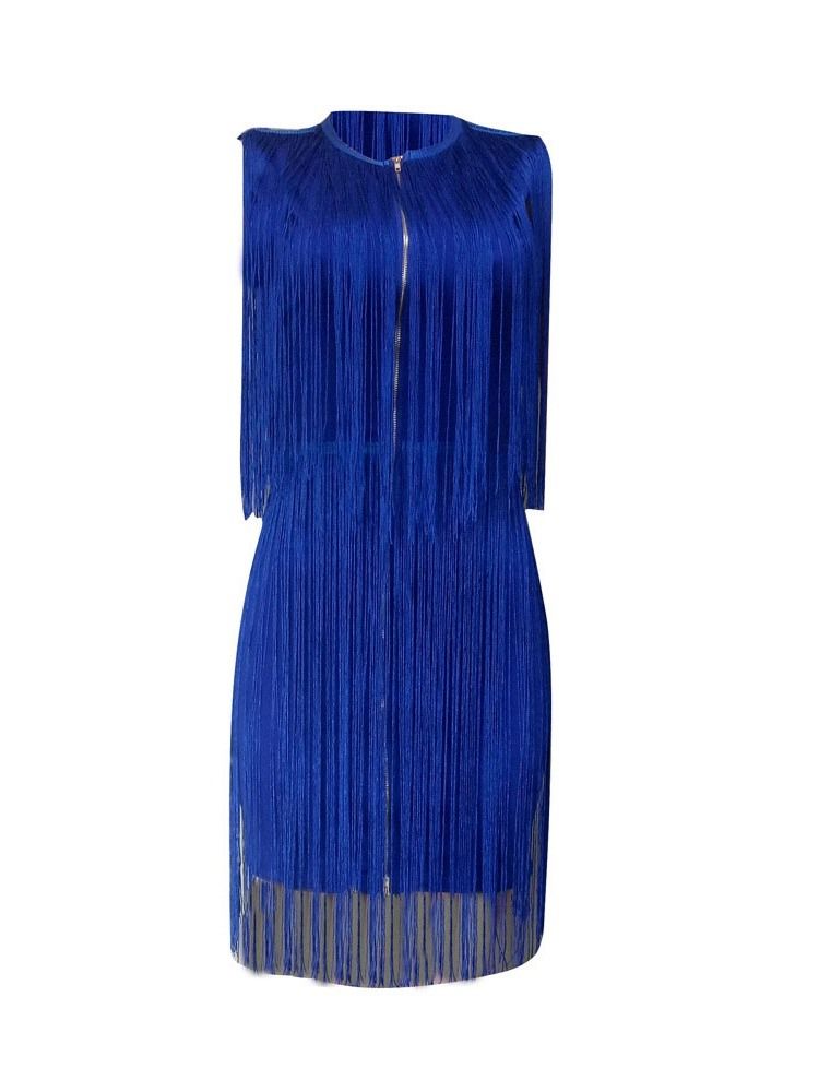 Vestido Feminino Tassel Bodycon Liso Acima Do Joelho