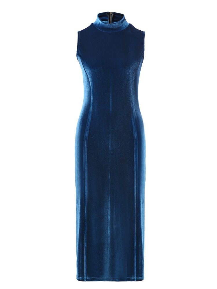 Vestido Feminino De Veludo Com Gola Sem Mangas Bodycon