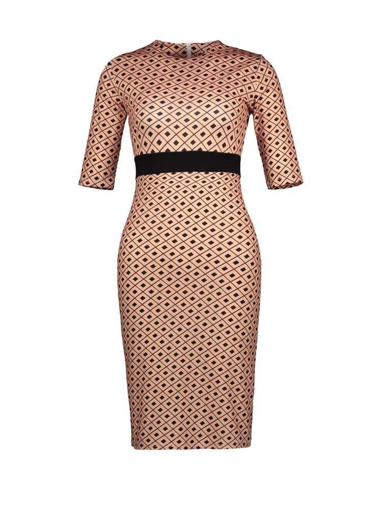 Vestido Feminino Xadrez Cor Bloco Meia Manga Bodycon