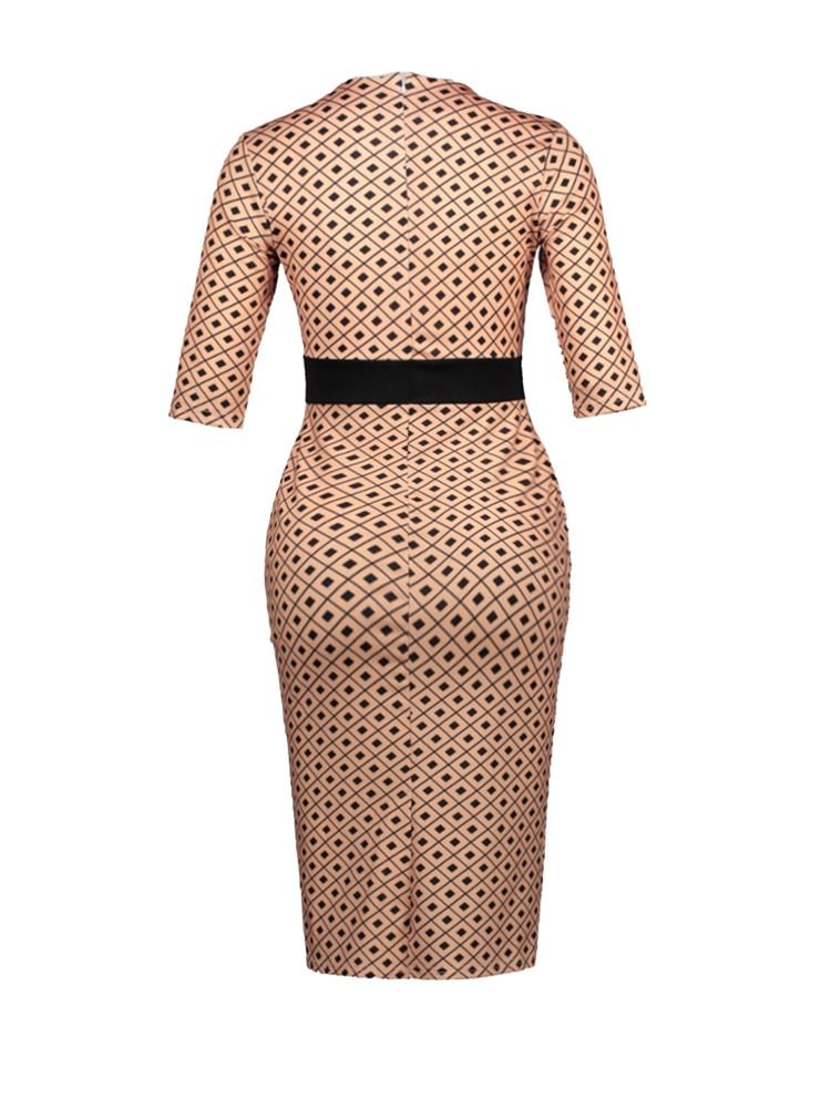 Vestido Feminino Xadrez Cor Bloco Meia Manga Bodycon