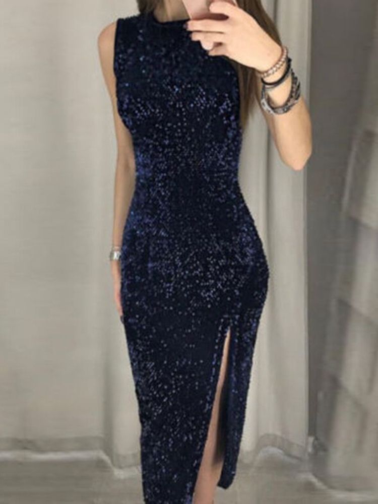 Vestido De Festa Feminino Sem Mangas Com Decote Redondo Dividido