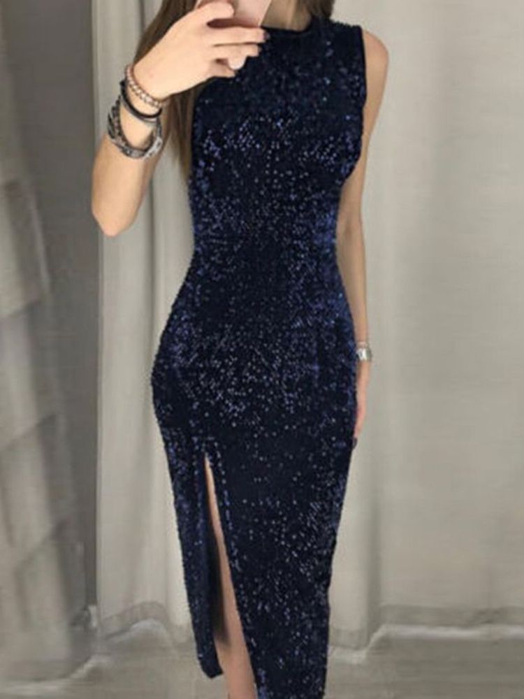 Vestido De Festa Feminino Sem Mangas Com Decote Redondo Dividido