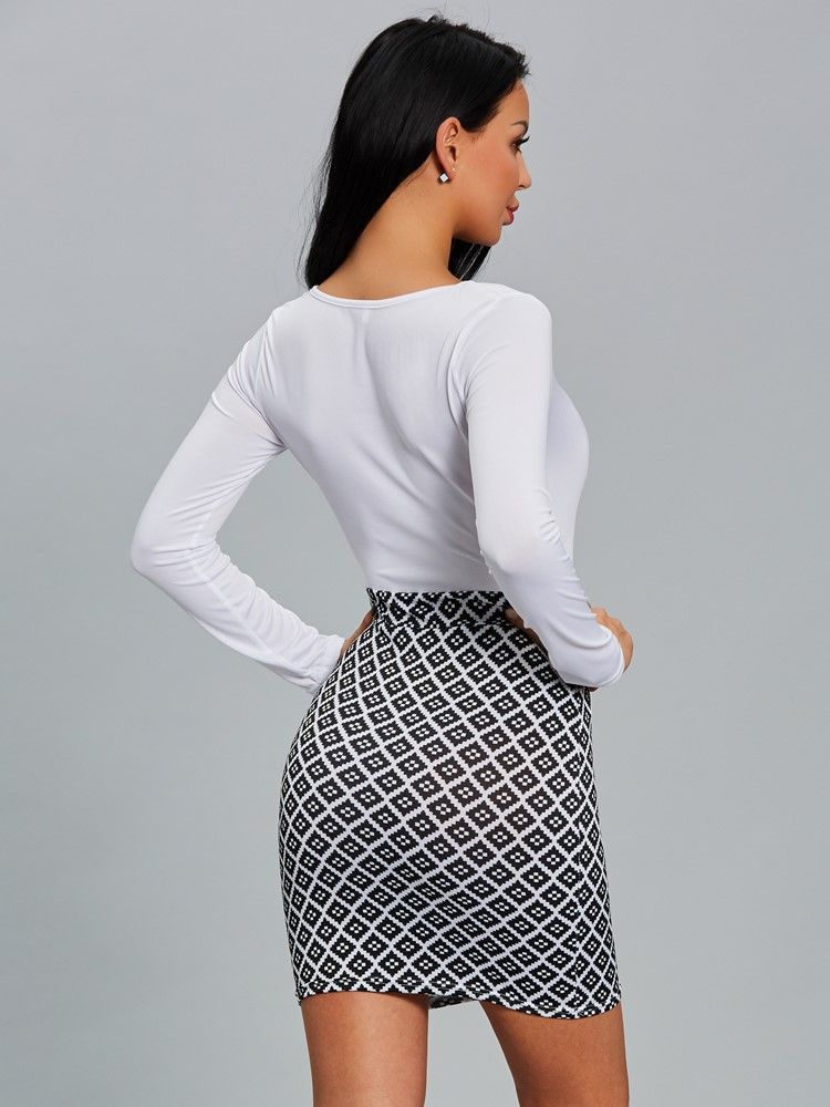 Vestido De Mangas Compridas Feminino Na Altura Do Joelho Bodycon Xadrez