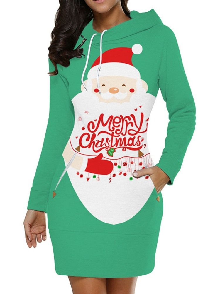 Vestido Normal Feminino Com Capuz De Natal Estampado Acima Do Joelho