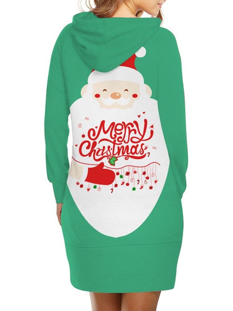 Vestido Normal Feminino Com Capuz De Natal Estampado Acima Do Joelho