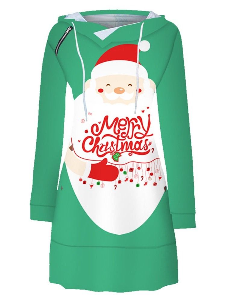 Vestido Normal Feminino Com Capuz De Natal Estampado Acima Do Joelho