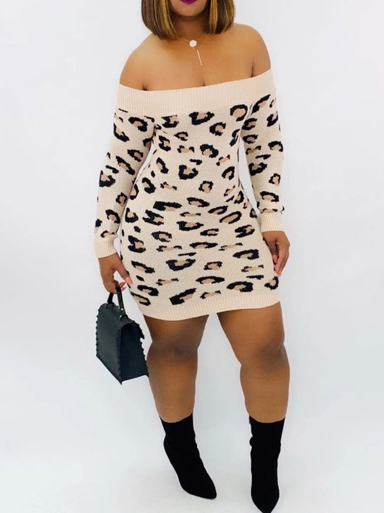 Vestido Normal Feminino Com Estampa De Leopardo Sem Ombros Acima Do Joelho