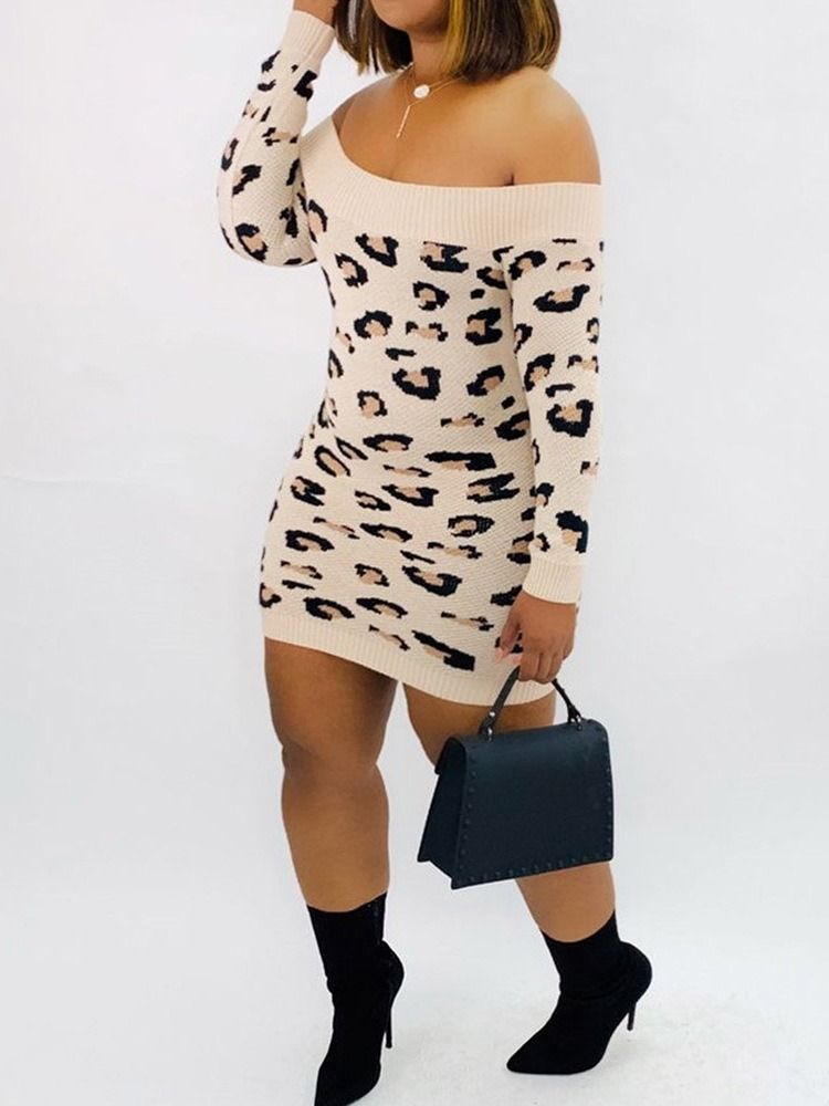 Vestido Normal Feminino Com Estampa De Leopardo Sem Ombros Acima Do Joelho