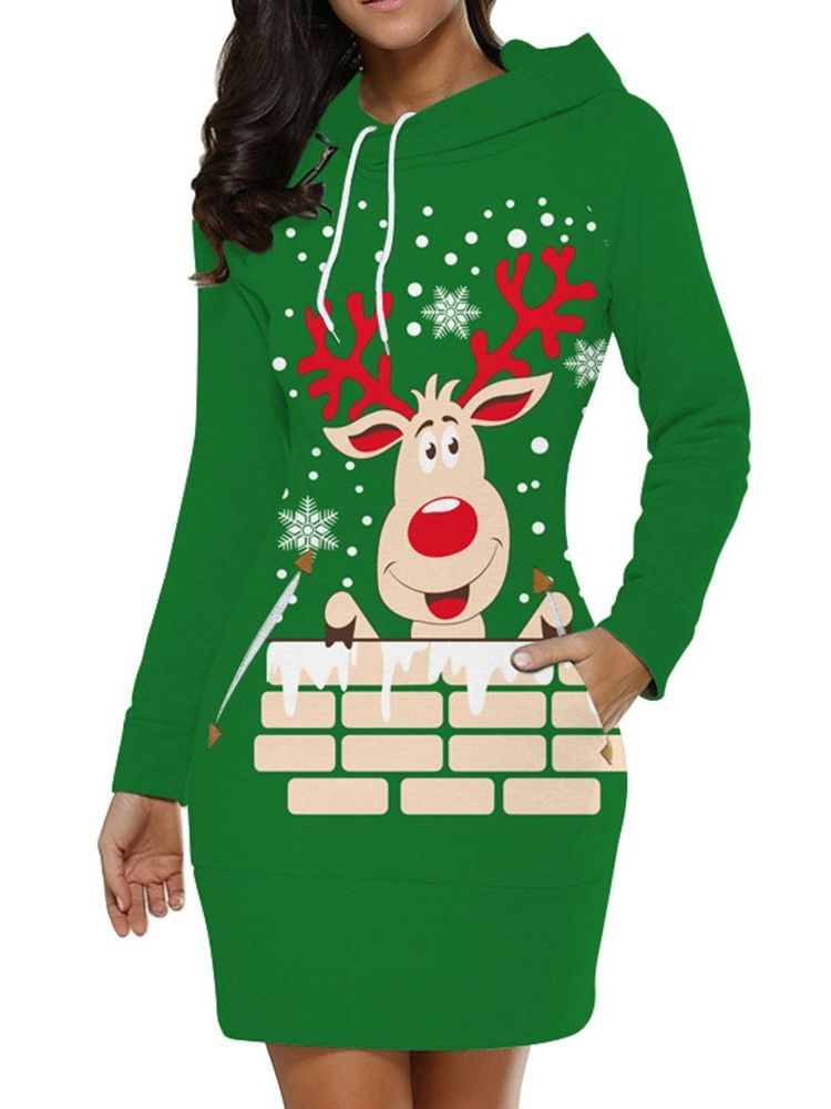 Vestido Normal Feminino Com Estampa De Natal Com Capuz E Manga Comprida