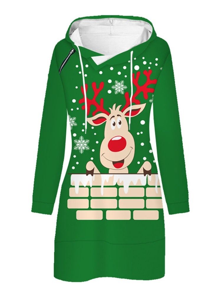 Vestido Normal Feminino Com Estampa De Natal Com Capuz E Manga Comprida