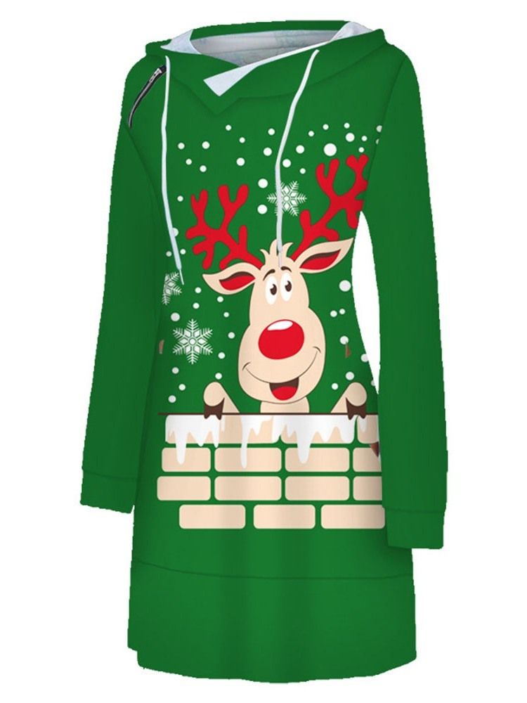 Vestido Normal Feminino Com Estampa De Natal Com Capuz E Manga Comprida