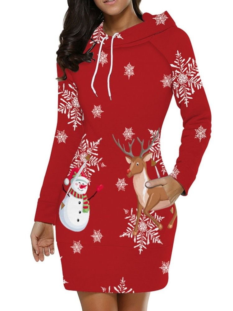 Vestido Normal Feminino De Natal Acima Do Joelho Estampado Com Capuz Na Cintura Média