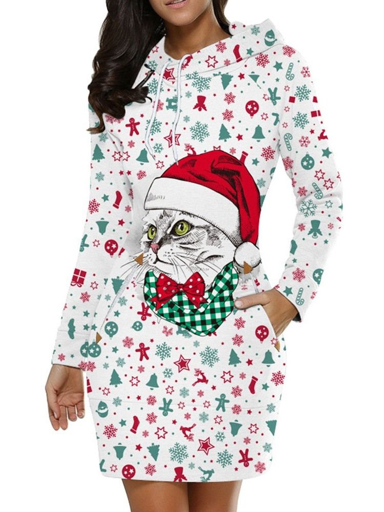 Vestido Normal Feminino De Natal Acima Do Joelho Estampado Com Capuz Na Cintura Média