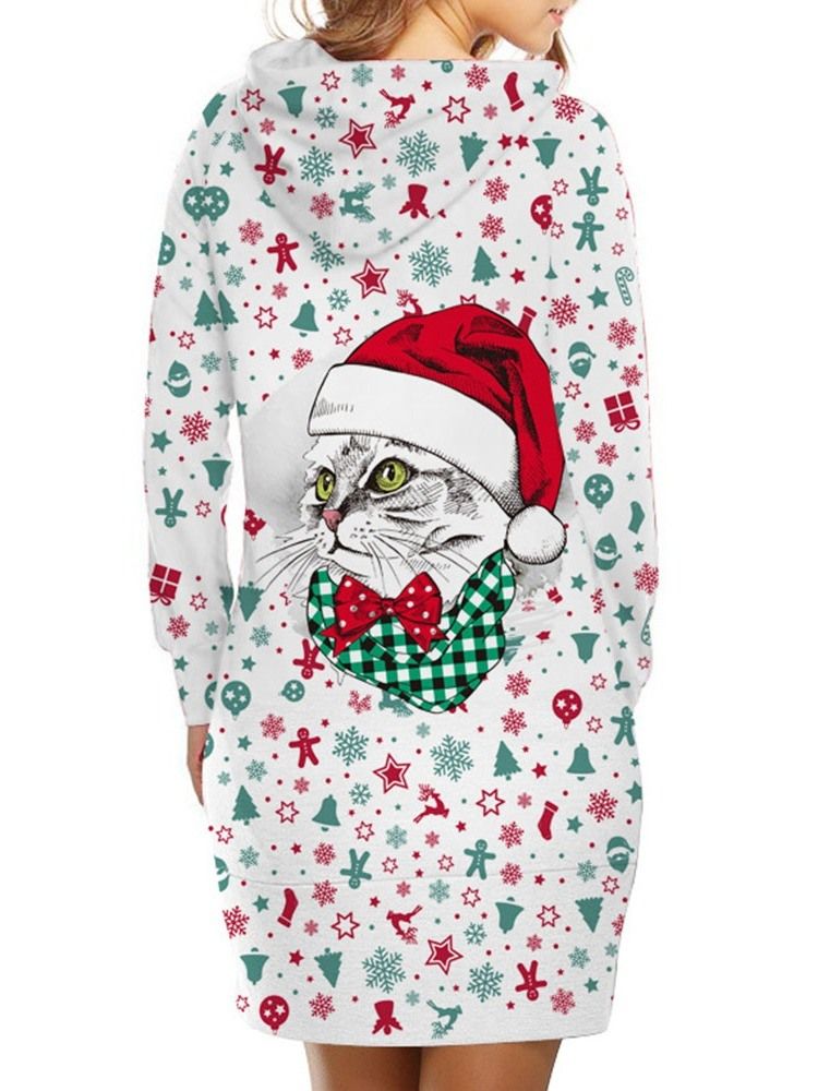 Vestido Normal Feminino De Natal Acima Do Joelho Estampado Com Capuz Na Cintura Média