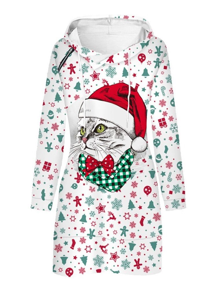 Vestido Normal Feminino De Natal Acima Do Joelho Estampado Com Capuz Na Cintura Média