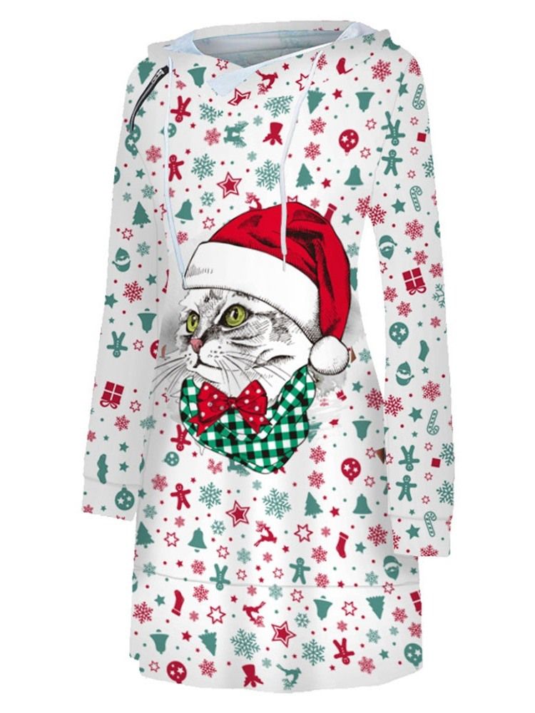 Vestido Normal Feminino De Natal Acima Do Joelho Estampado Com Capuz Na Cintura Média