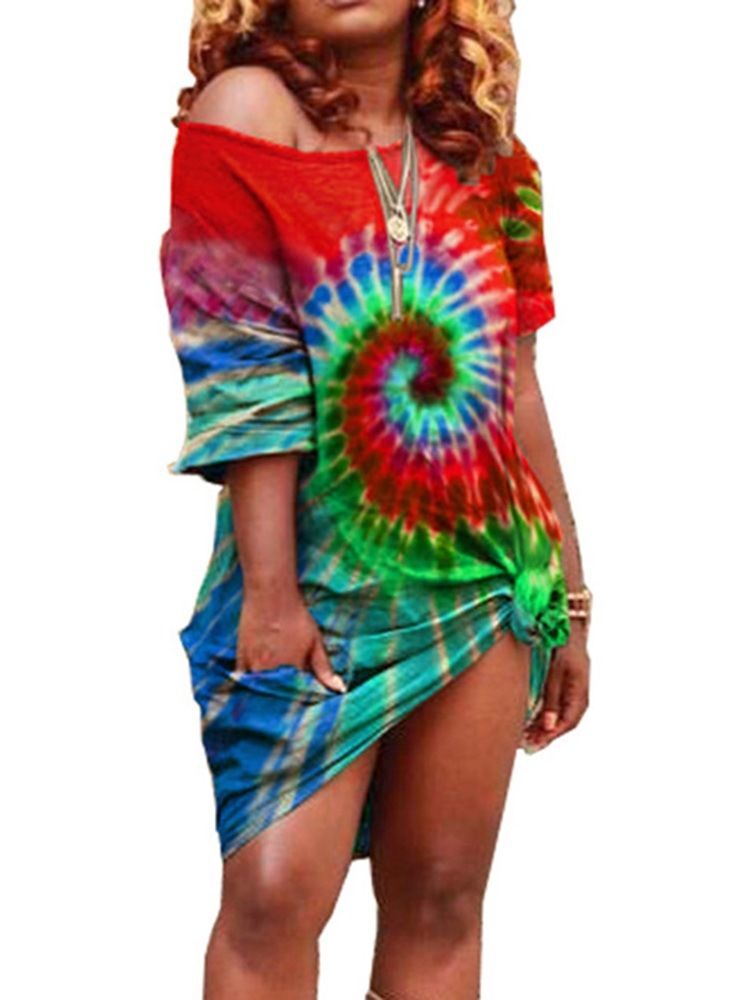 Vestido Redondo Feminino De Gola Redonda Tie-dye Manga Curta Cor Regular