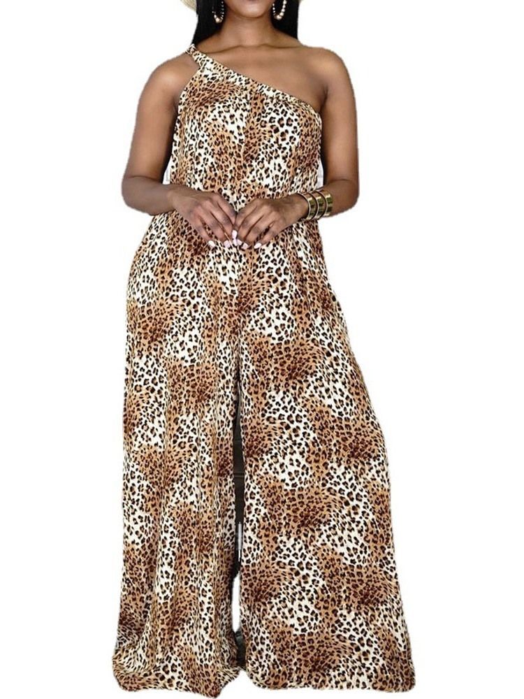 Macacão Casual Leopardo De Comprimento Total Solto Feminino Com Pernas Largas