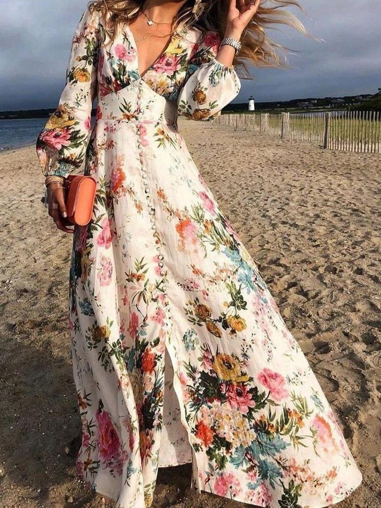 Comprimento Do Chão De Manga Comprida Botão De Expansão Feminina Vestido Maxi Floral Vestidos De Praia Para Mulheres