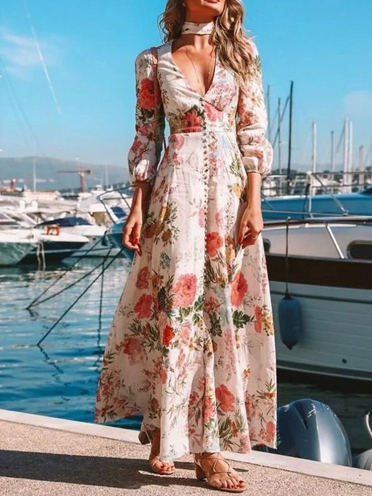 Comprimento Do Chão De Manga Comprida Botão De Expansão Feminina Vestido Maxi Floral Vestidos De Praia Para Mulheres