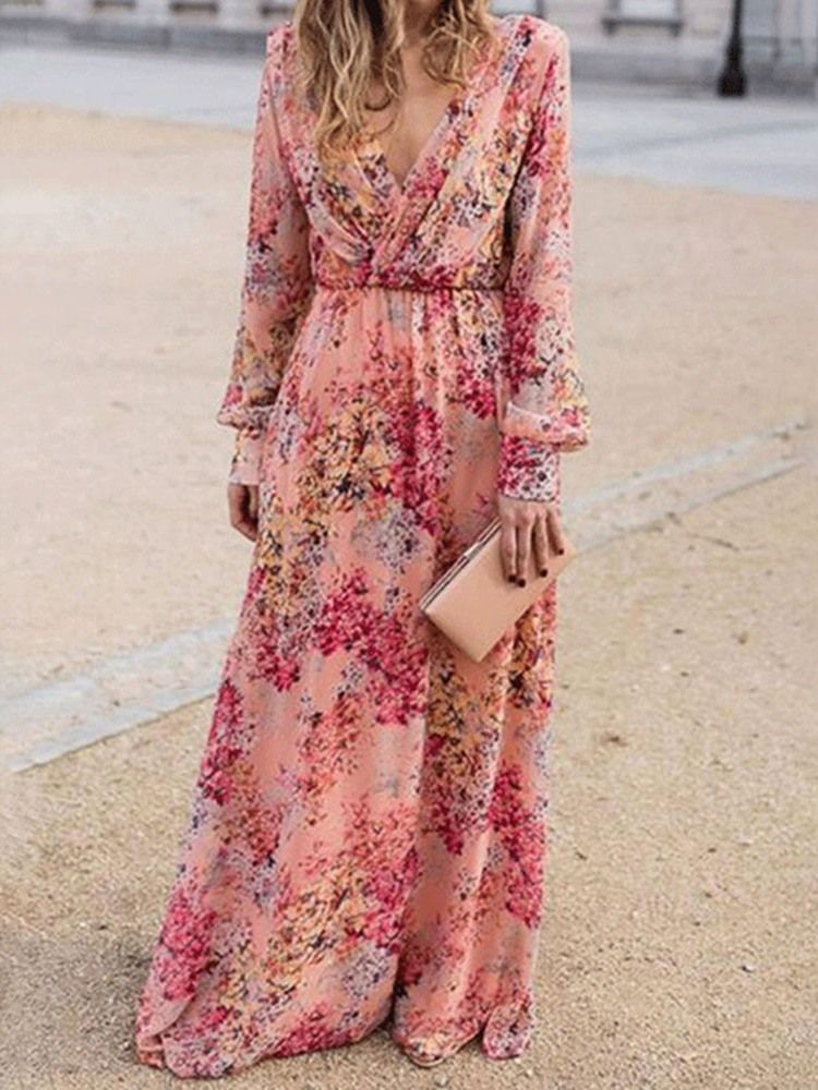 Imprimir Vestidos Com Decote Em V Expansível Até O Chão Vestido Floral Maxi Vestido De Praia Para Mulheres