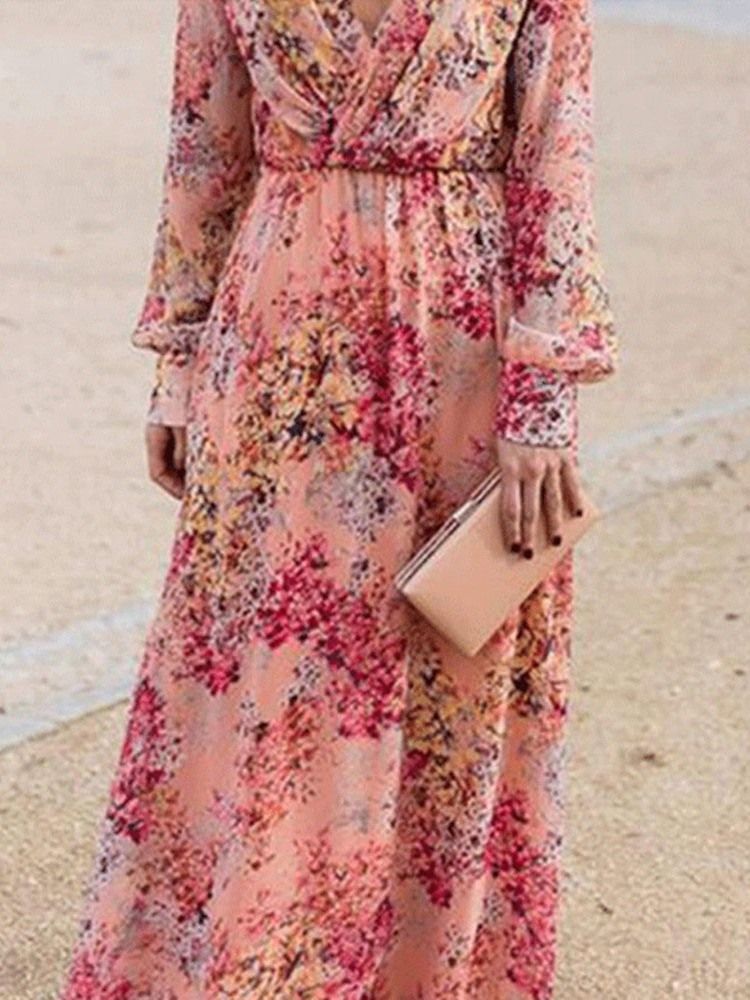 Imprimir Vestidos Com Decote Em V Expansível Até O Chão Vestido Floral Maxi Vestido De Praia Para Mulheres