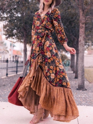 Pulôver Feminino Estampado Até O Chão Com Decote Em V Vestido Assimétrico