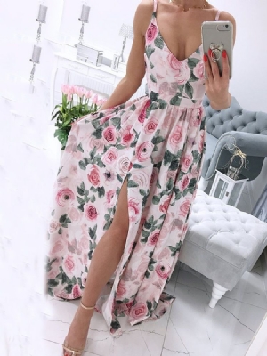 Sem Mangas Dividir Até O Chão Spaghetti Floral Maxi Dress Vestidos De Praia Para Mulheres