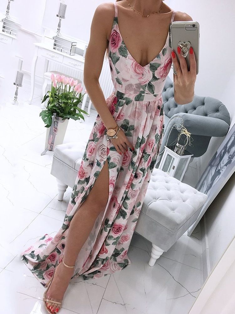 Sem Mangas Dividir Até O Chão Spaghetti Floral Maxi Dress Vestidos De Praia Para Mulheres