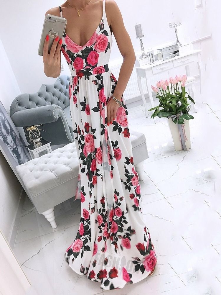 Sem Mangas Dividir Até O Chão Spaghetti Floral Maxi Dress Vestidos De Praia Para Mulheres