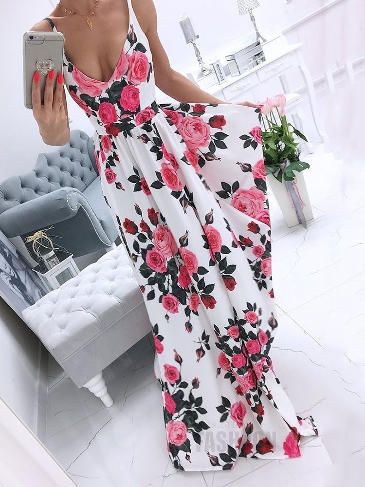 Sem Mangas Dividir Até O Chão Spaghetti Floral Maxi Dress Vestidos De Praia Para Mulheres