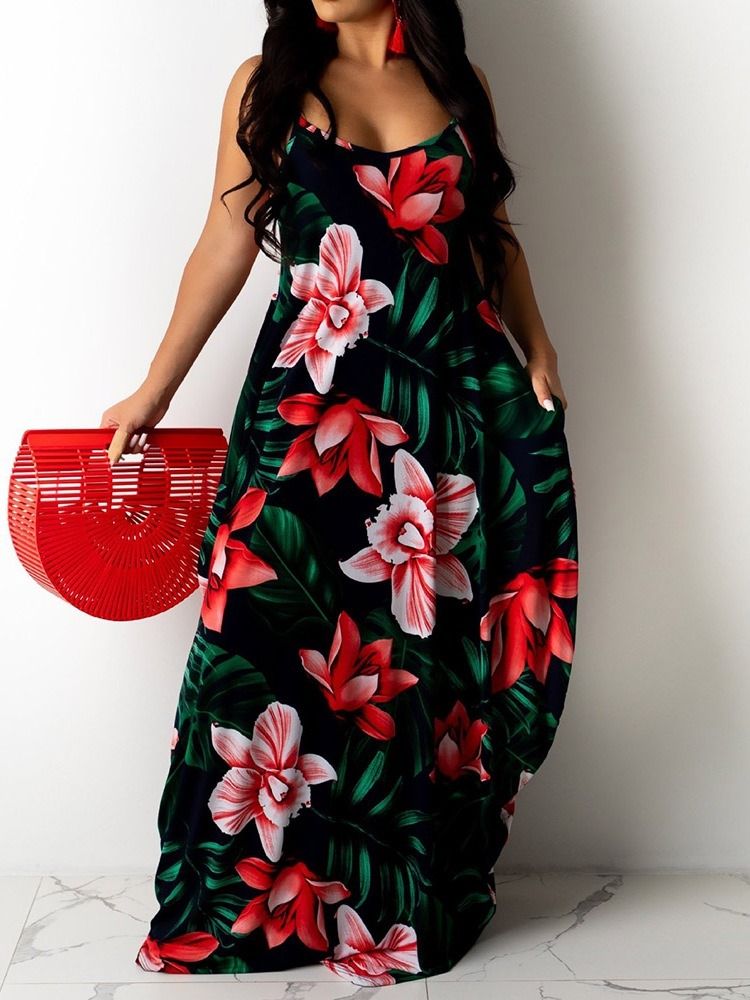 Sem Mangas Estampado Até O Chão Com Estampa Floral Maxi Vestido Vestidos De Praia Para Mulheres