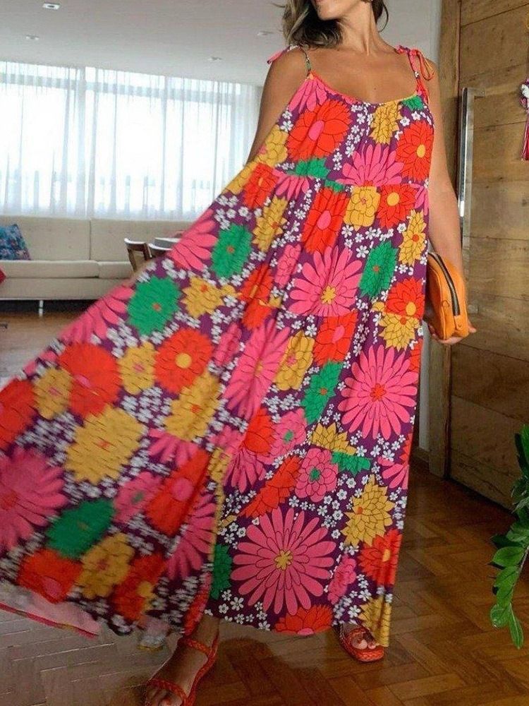 Sem Mangas Estampado Longo Estampado Floral Vestido Maxi Vestidos De Praia Para Mulheres