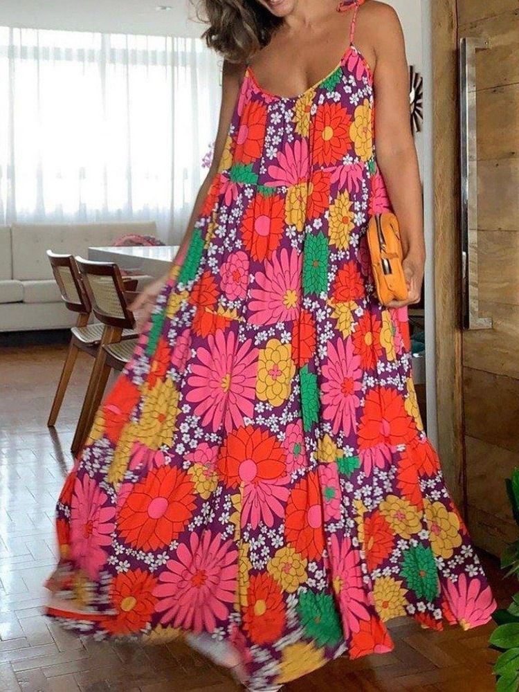 Sem Mangas Estampado Longo Estampado Floral Vestido Maxi Vestidos De Praia Para Mulheres