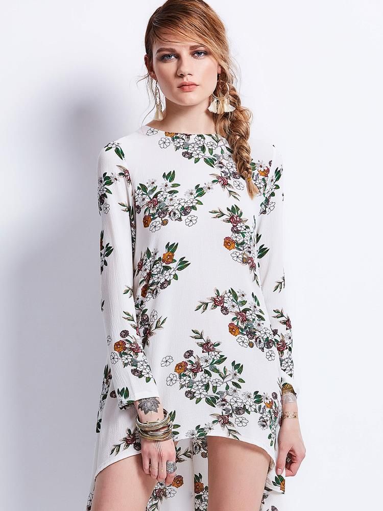 Vestido Feminino Assimétrico Com Estampa De Decote Redondo