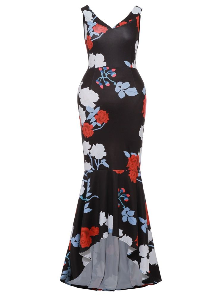 Vestido Feminino Assimétrico Com Estampa Floral Até O Chão