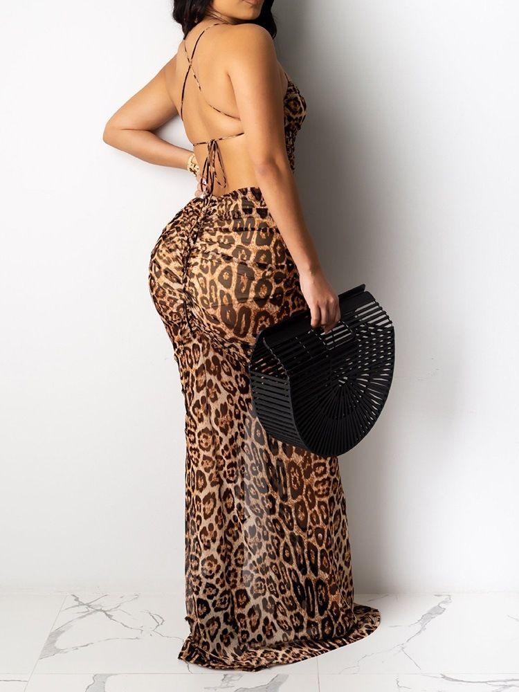 Vestido Feminino Até O Chão Sem Mangas Dividido Em Leopardo Pulôver