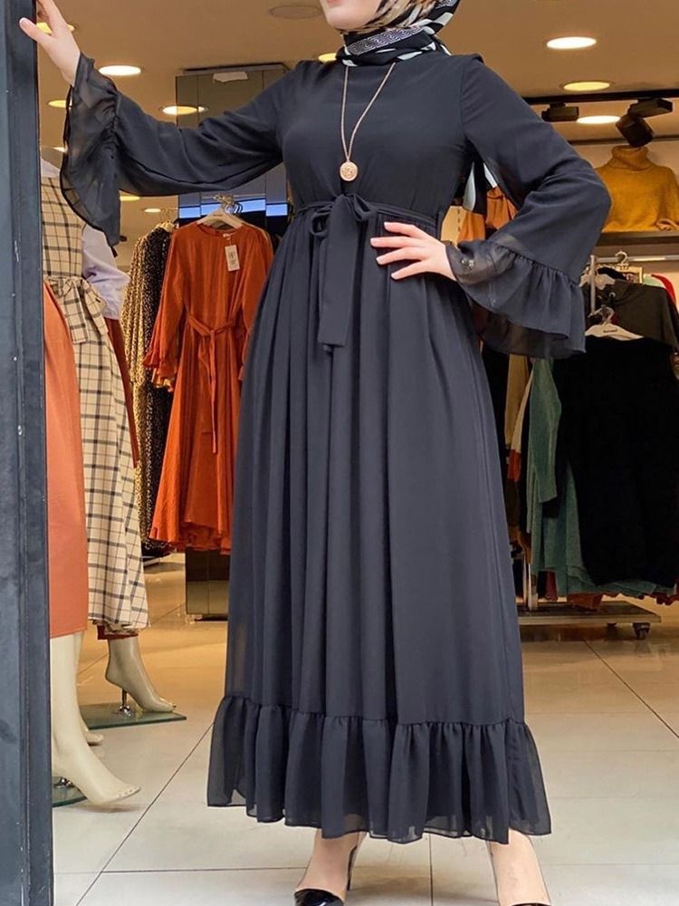 Vestido Feminino Com Cordões Até O Chão Manga Comprida Lisa Expansível