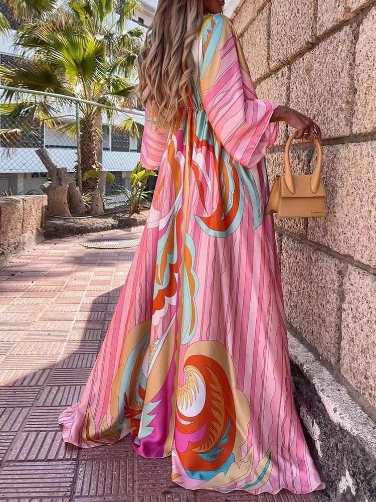 Vestido Feminino Com Decote Em V Com Cordão E Nove Pontos Manga Única Floral Maxi